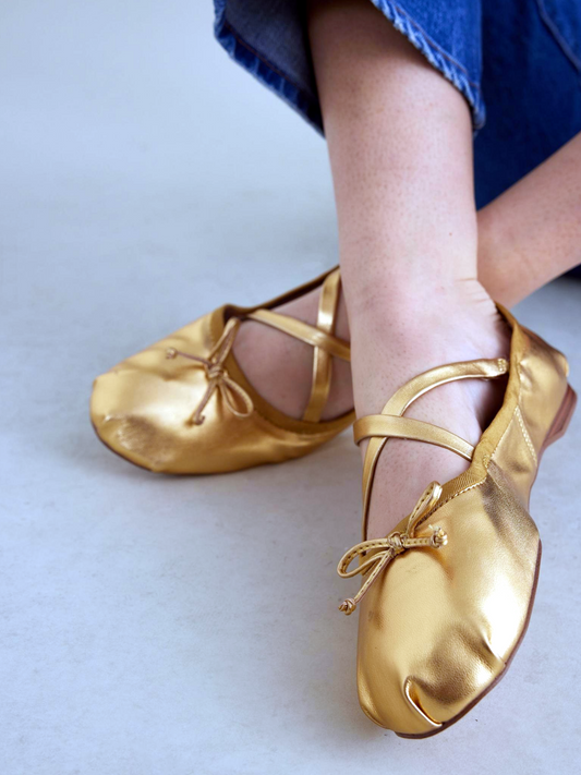 Metallic Gold Bow Ballerina Flats With Crossed Buckled Strap