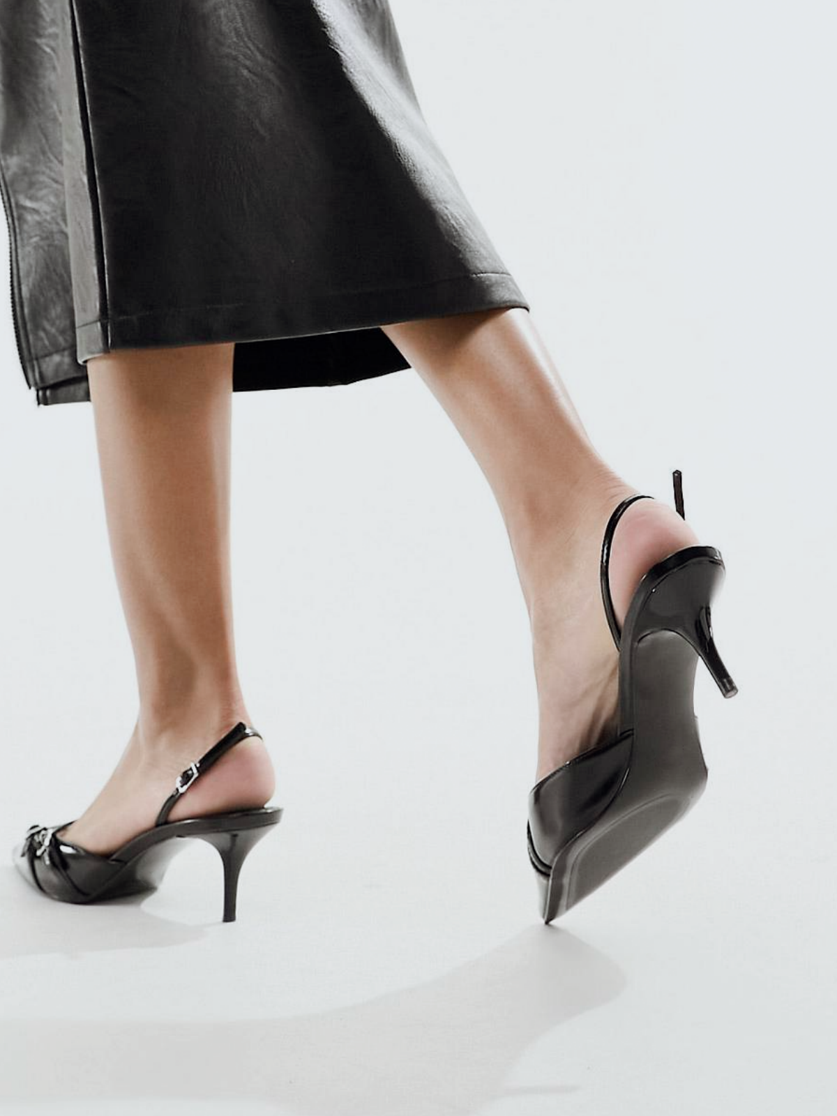 Black Buckled Strappy Pointy Kitten Heels Slingback Courts Pumps
