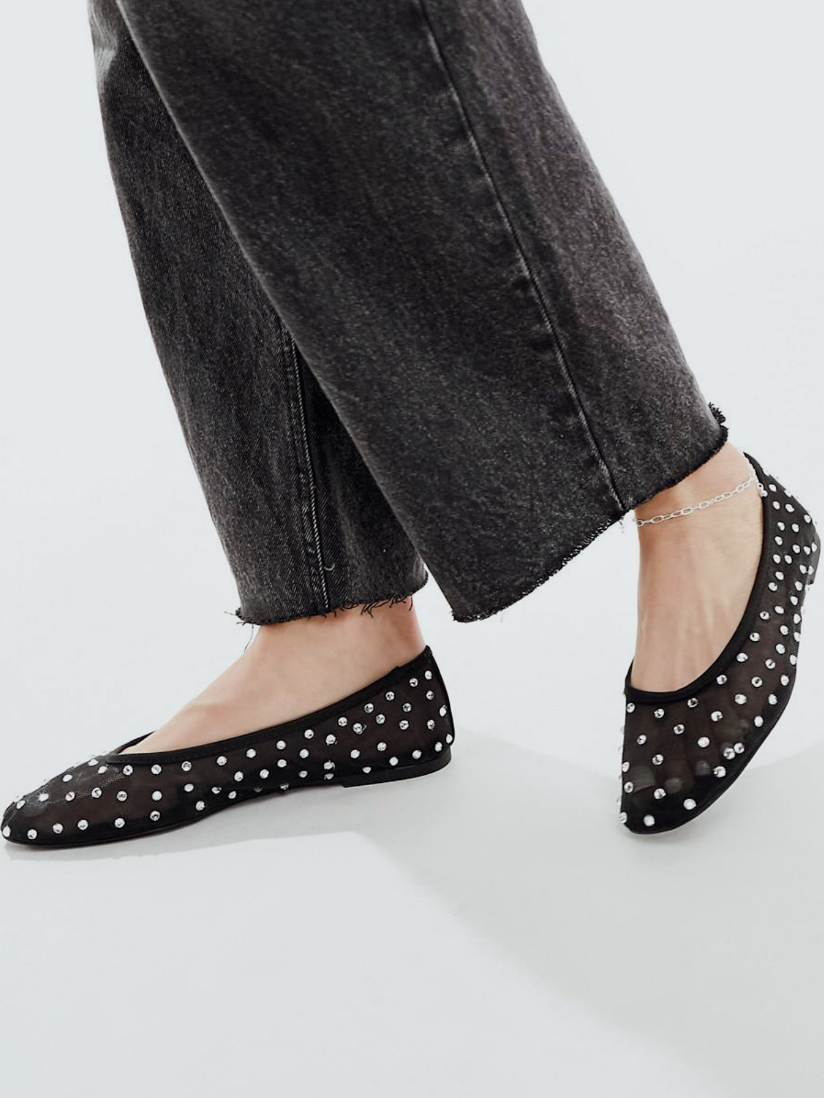 Black Sparkle Rhinestone Ballerinas Semi-Transparent Strass Flats