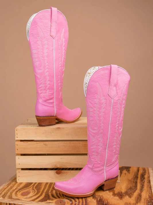 Pink Embroidery Snip-Toe Half-Zip Cowgirl Knee High Tall Boots