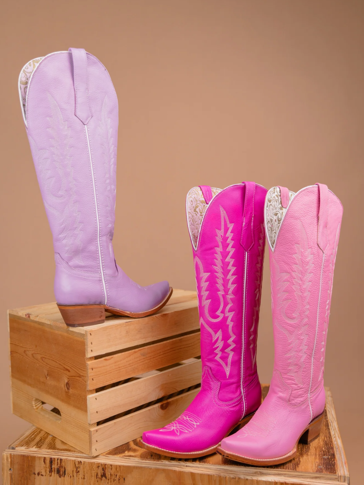 Lilac Purple Embroidery Snip-Toe Half-Zip Cowgirl Knee High Tall Boots