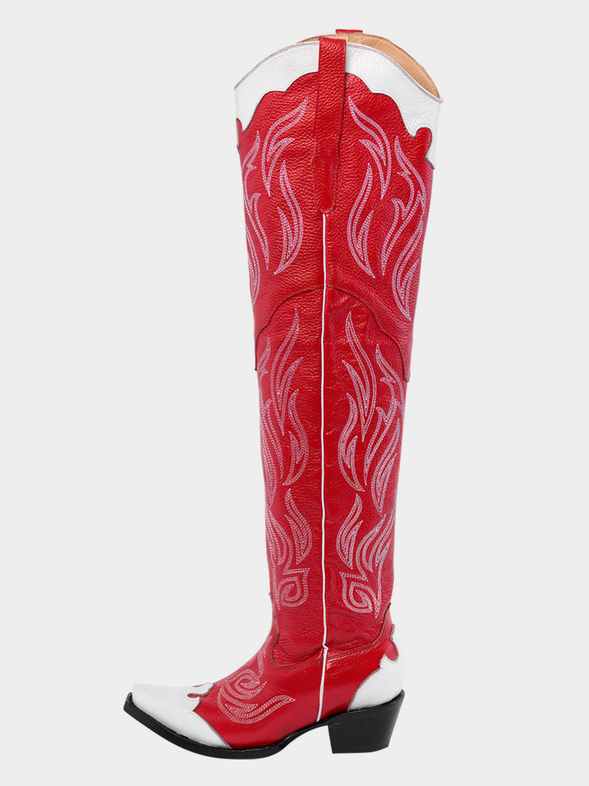 Contrast Red And White Snip-Toe Embroidery Wide Calf Over-The-Knee Western Boots