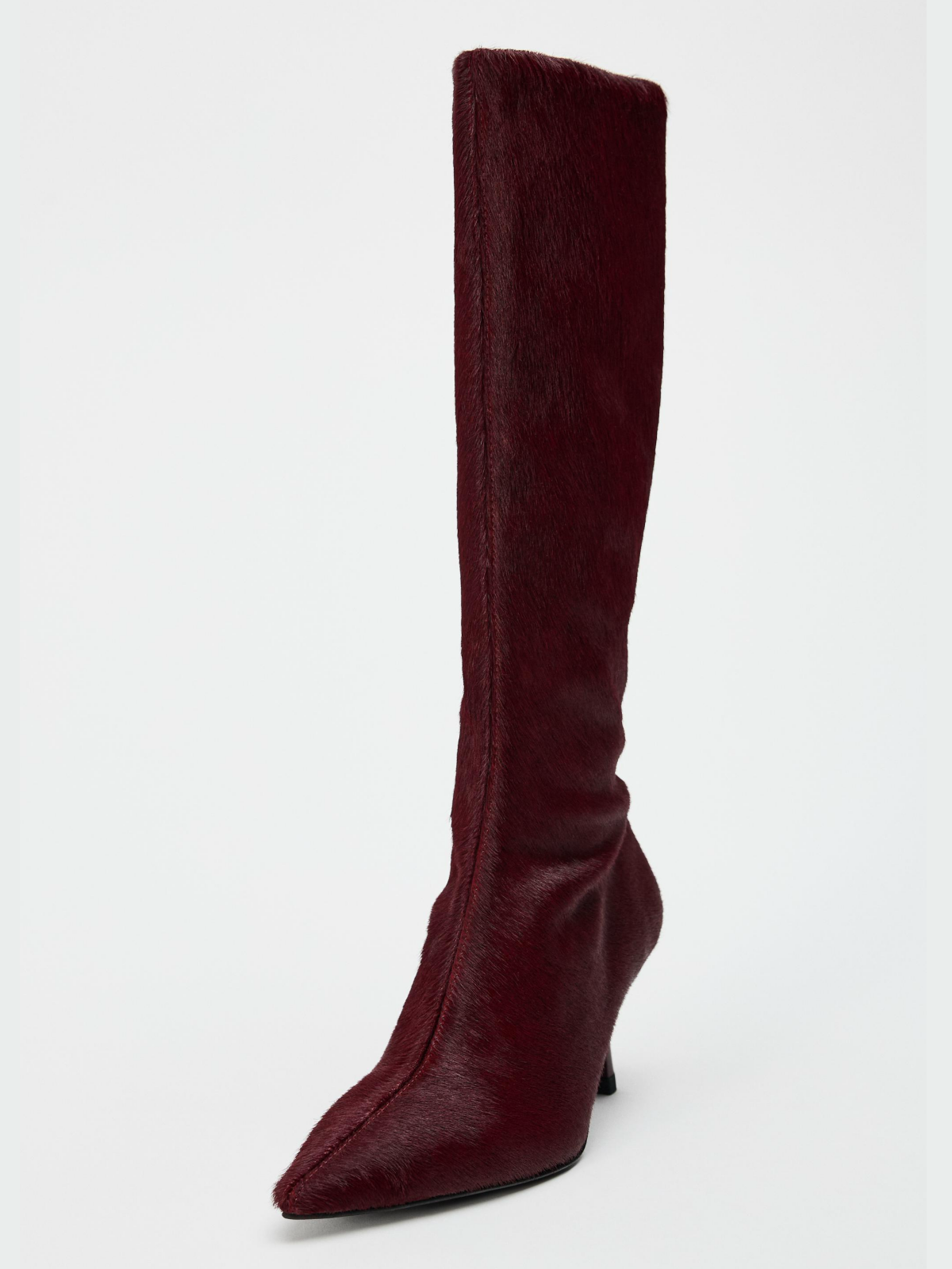 Burgundy Faux Pony Hair Vegan Leather Pointed-Toe Full-Zip Mid Calf Stiletto Boots