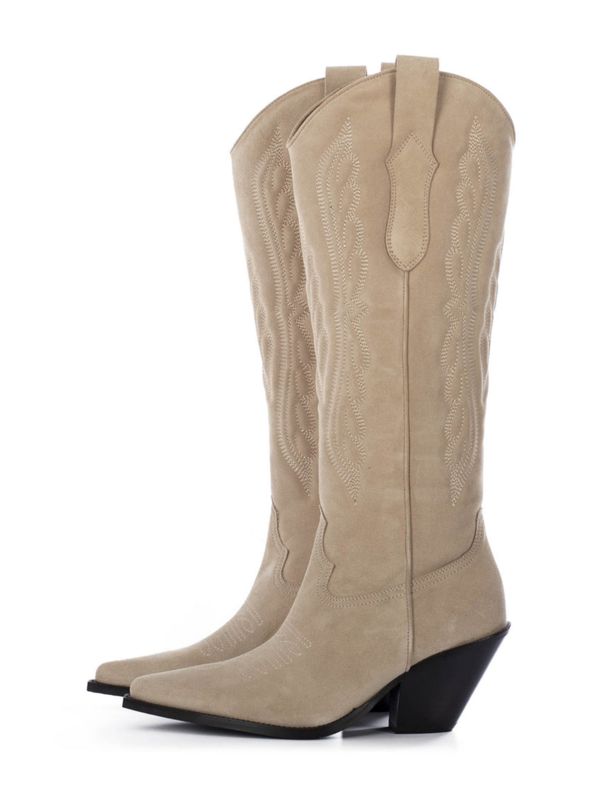 Wing Embroidery Faux Suede Pointed-Toe Wide Calf Tall Knee High Cowgirl Boots - Sand