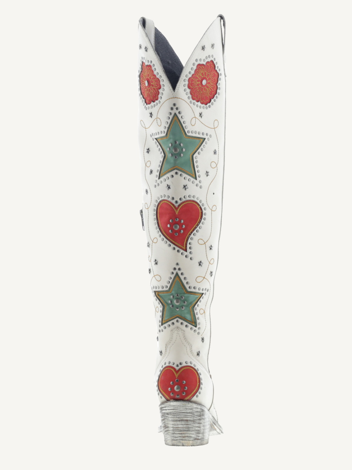 Ivory Studded Hearts Stars Flowers Inlay Metal Stars Applique Half-Zip Over-The-Knee Cowgirl Boots