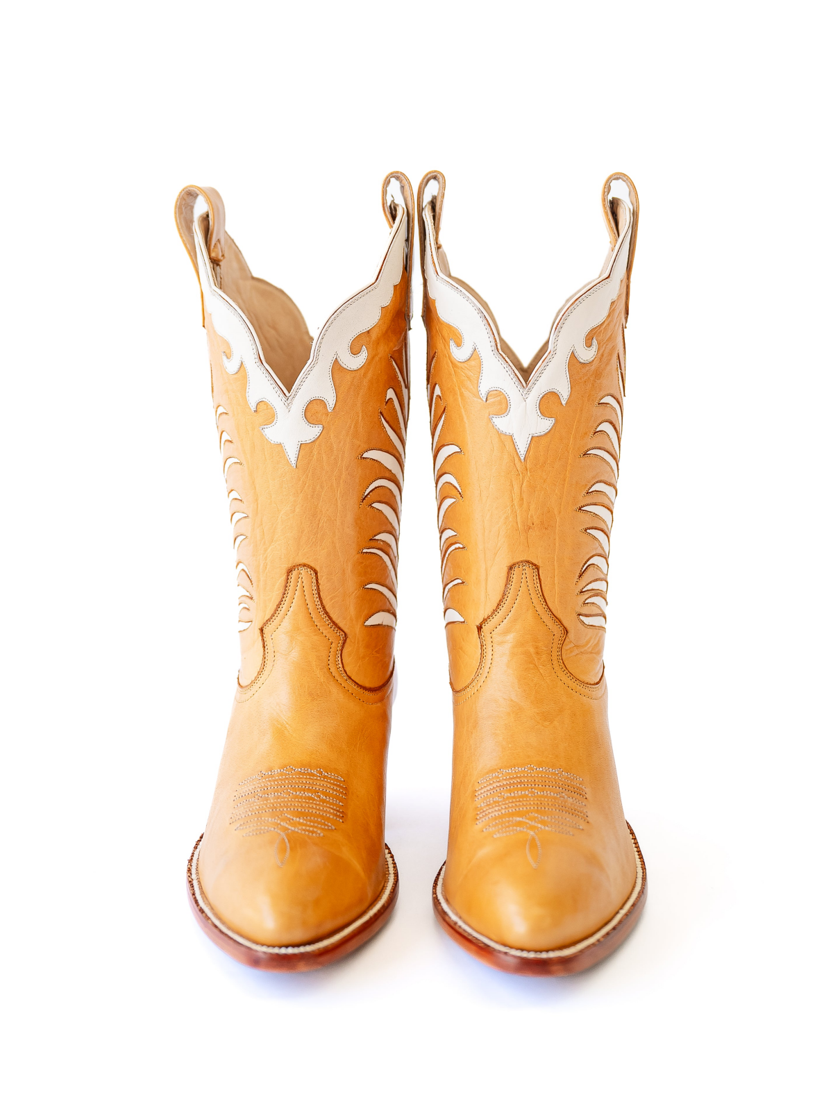 Honey Almond-Toe White Inlay Applique Wide Mid Calf Cowgirl Boots