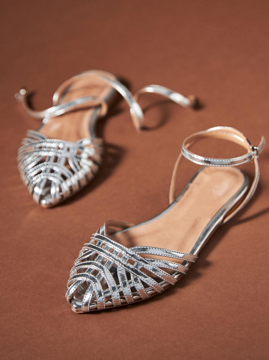 Metallic Silver Strappy Flats Pointy Closed Toe Sandals With Wrap Ankle Strap