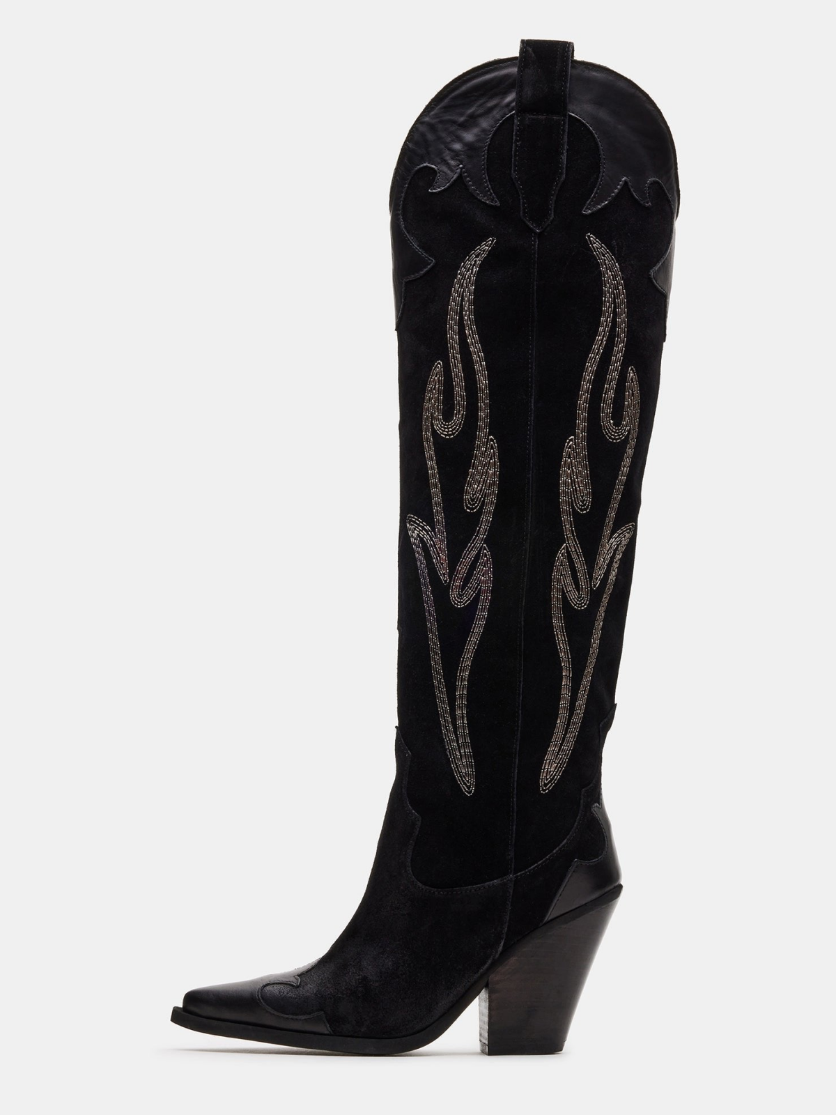 Black Contrast Vegan Leather And Faux Suede Pointed-Toe Applique Embroidery Wide Calf Tall Keen High Cowgirl Boots