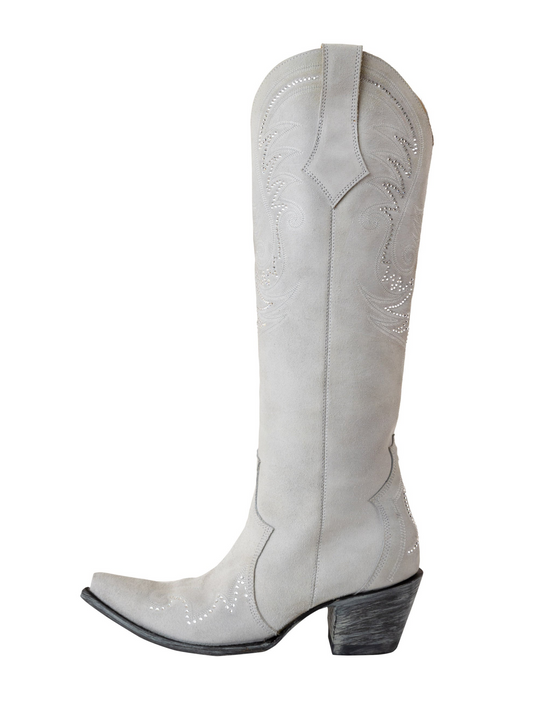 Light Gray Faux Suede Embroidery Rhinestone Snip-Toe Wide Calf Knee High Tall Cowgirl Boots