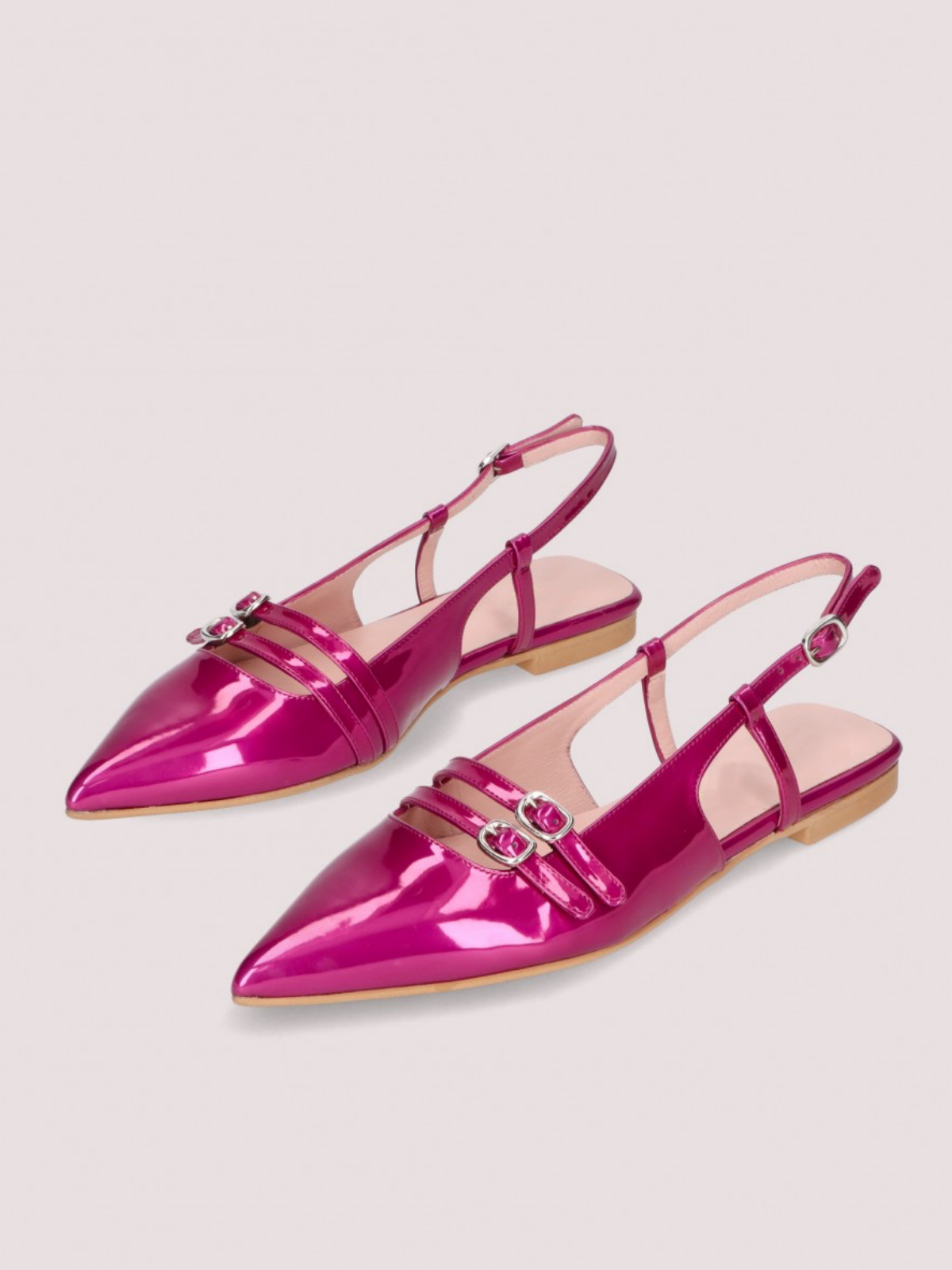 Metallic Hot Pink Pointy Buckled Strappy Slingback Ballet Flats