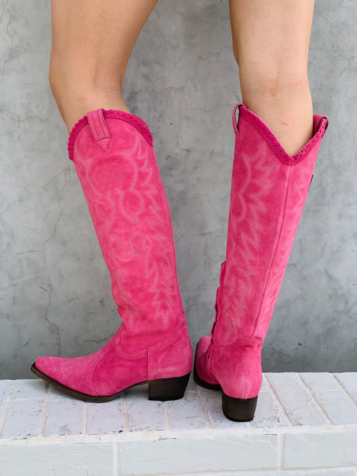 Faux Suede Snip-Toe Classic Embroidery Half-Zip Knee High Tall Cowgirl Boots - Hot Pink