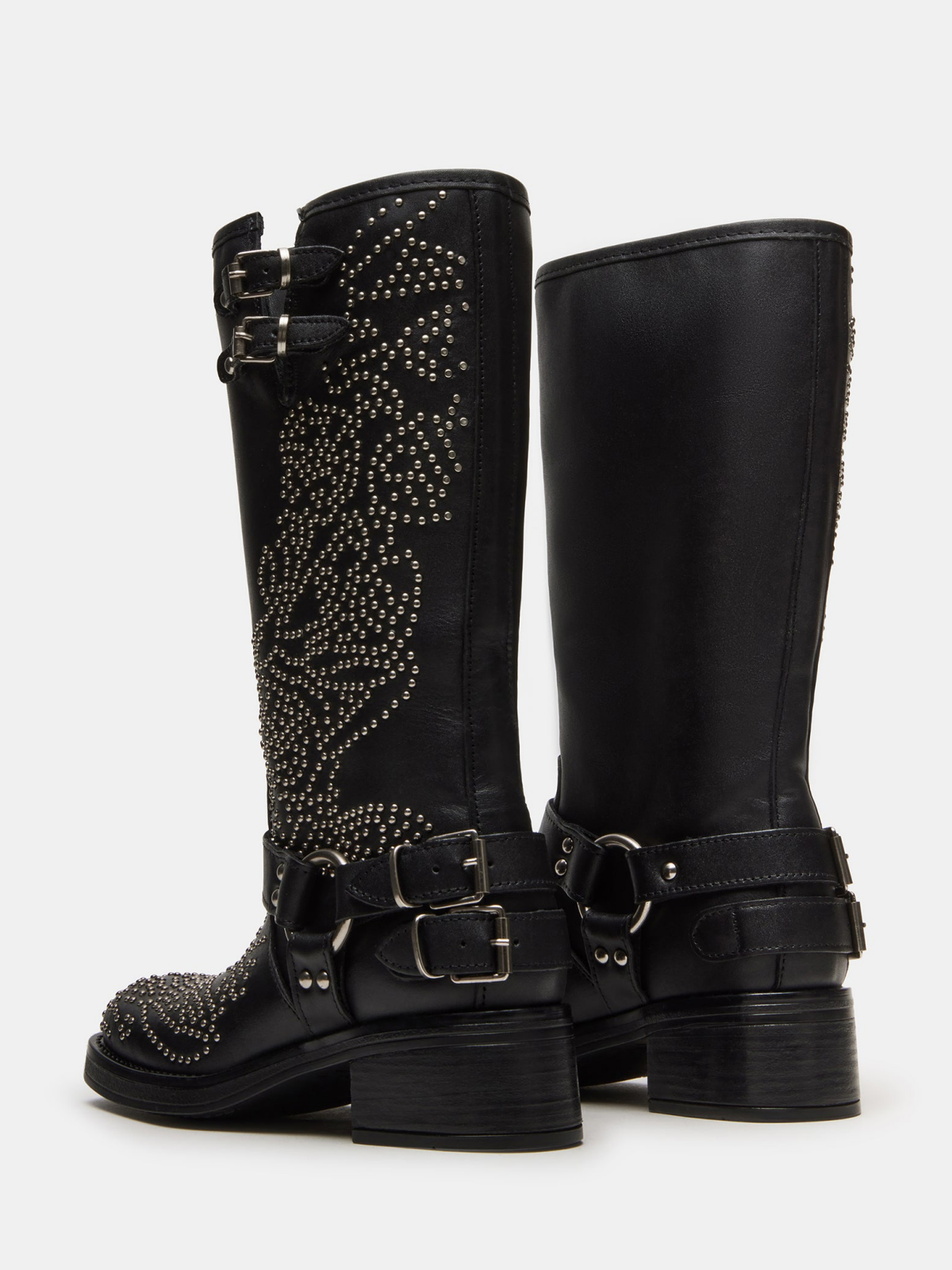 Black Square-Toe Studded Wide Mid Calf Cowgirl Boots With Buckles