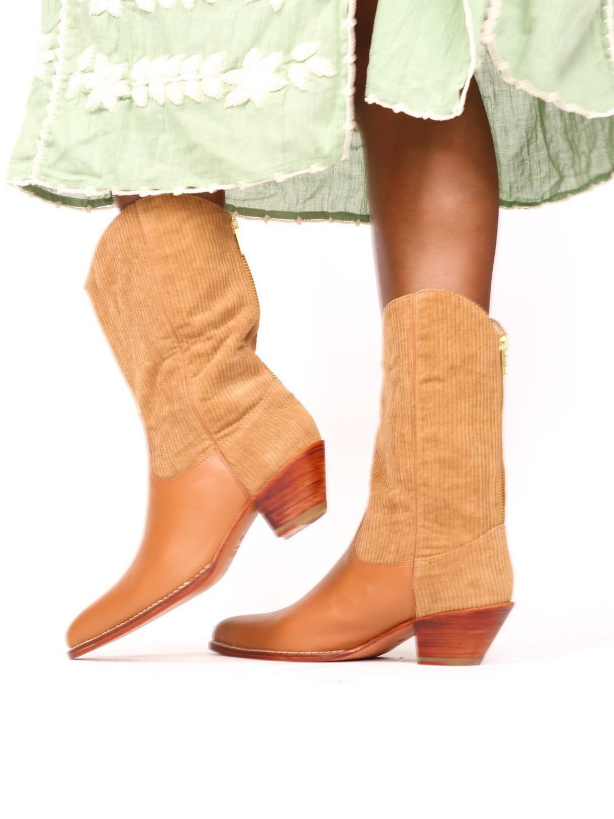 Orange Striped Velveteen And Vegan Leather Almond-Toe Back-Zip Mid Calf Cowgirl Boots