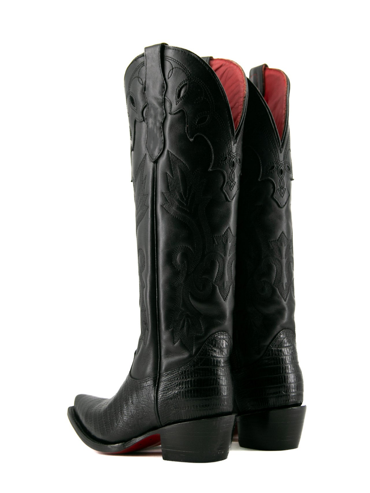 Black Contrast Vegan Leather And Lizard-Embossed Vegan Leather Snip-Toe Embroidery Half-Zip Knee High Cowgirl Boots