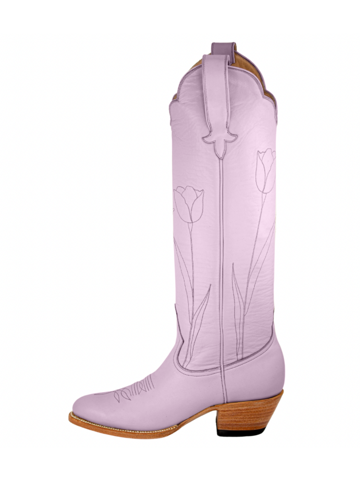 Almond-Toe Tulip Embroidery Wide Calf Knee High Cowgirl Boots - Lavender