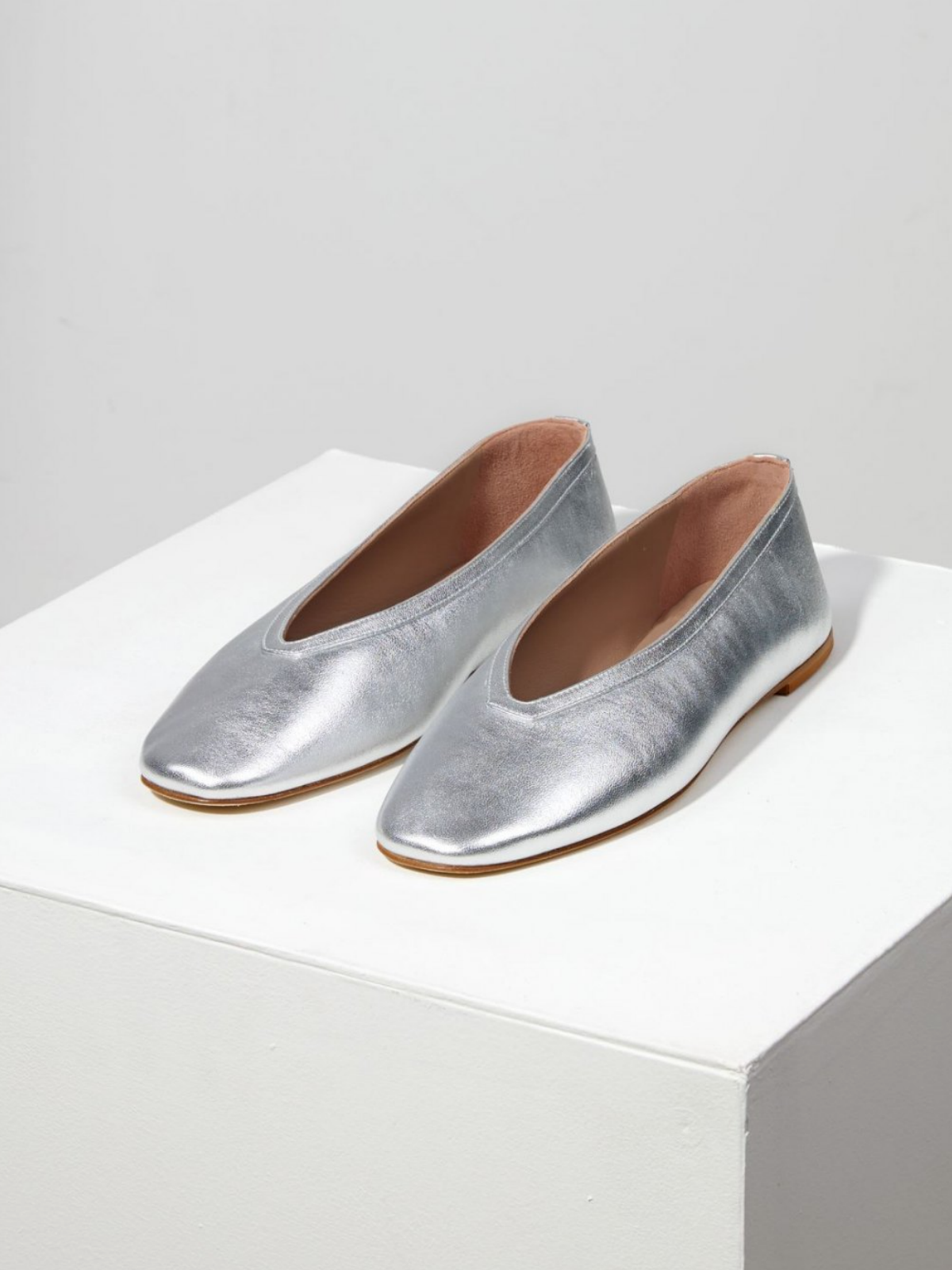 Metallic Silver Square Toe Slip-On Ballet Flats