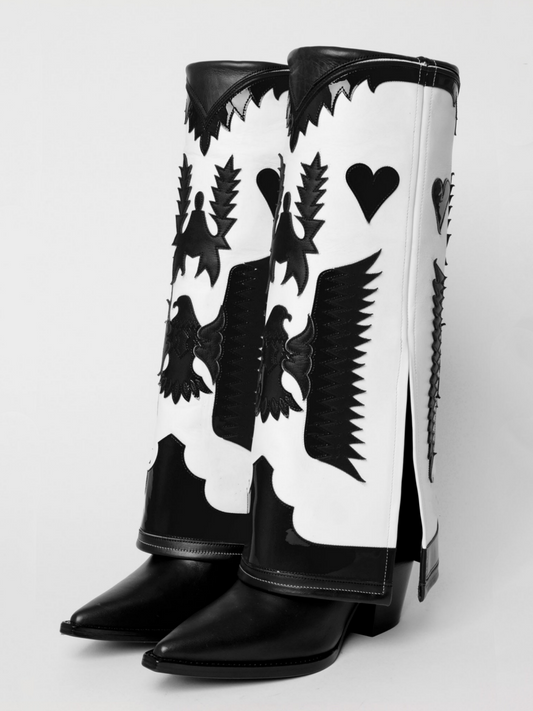 Fold-Over Panel Eagle And Heart Applique Snip-Toe Wide Mid Calf Boots - Black