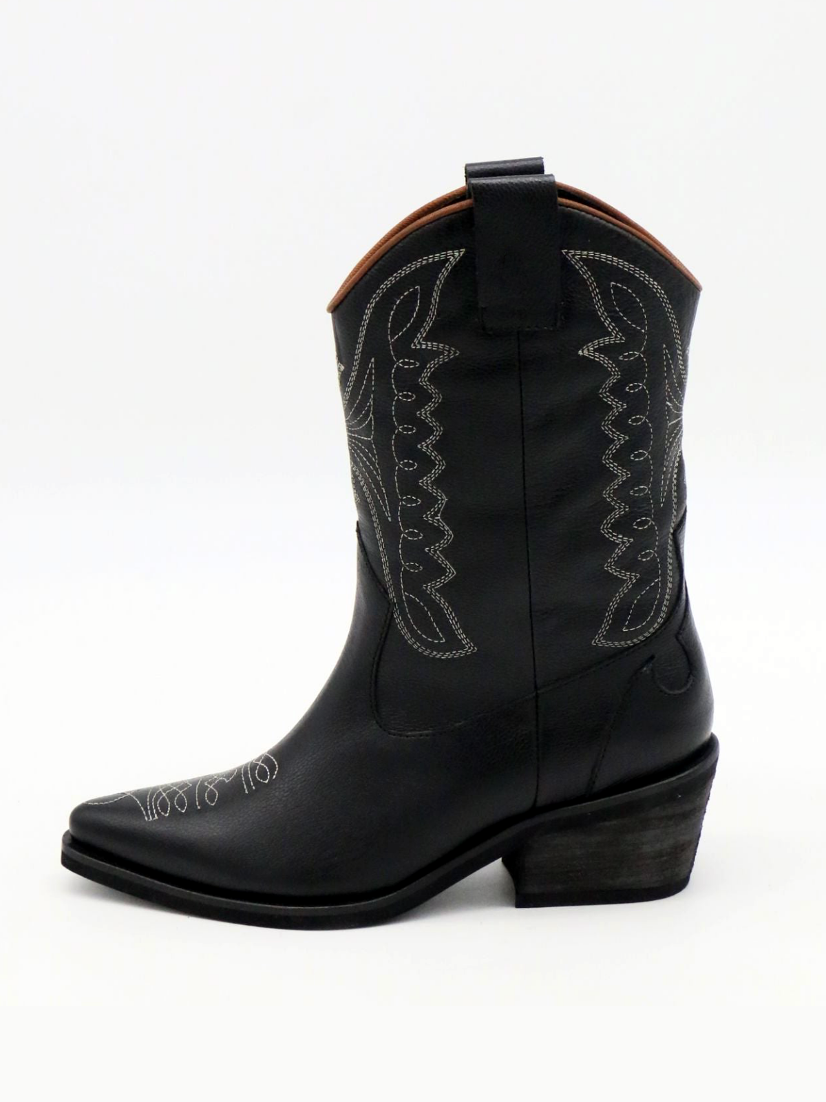 Black Snip-Toe Wings Embroidery Wide Mid Calf Cowgirl Boots