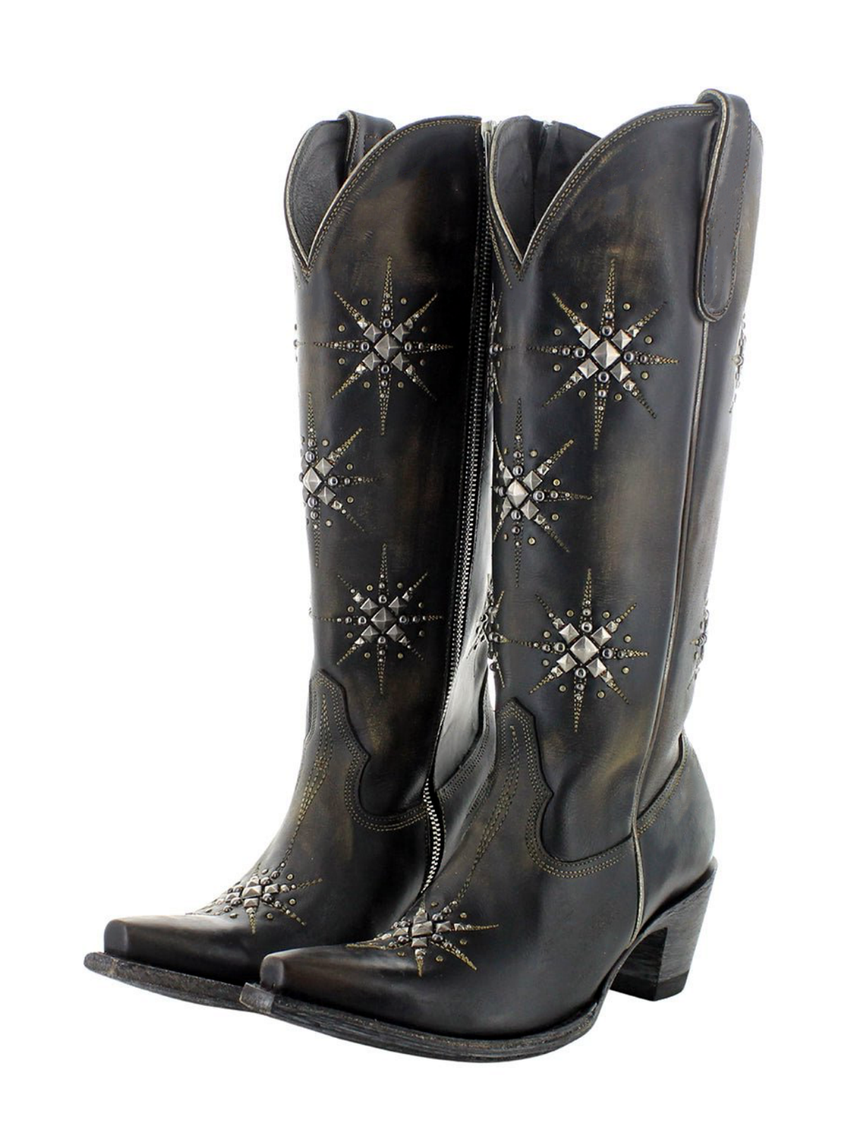 Dark Brown Snip-Toe Studded Stars Full-Zip Mid Calf Cowgirl Boots