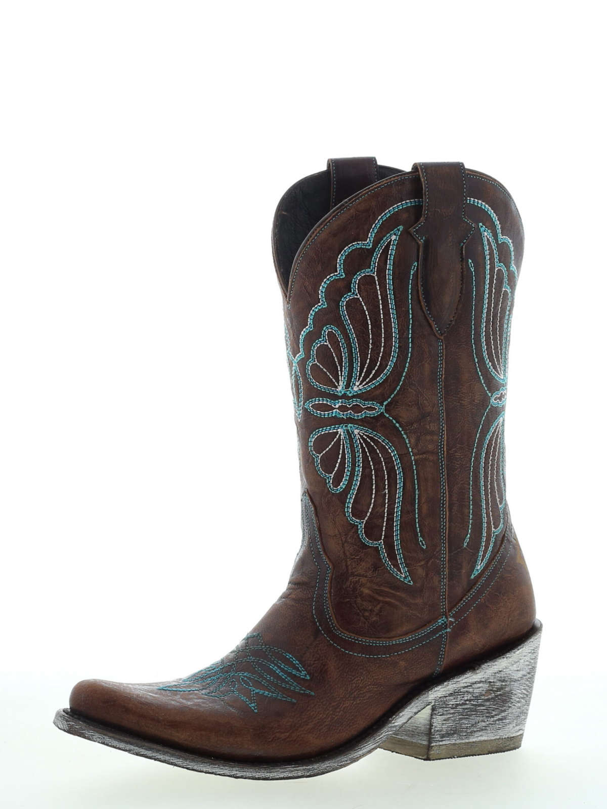 Butterfly Embroidery Almond-Toe Wide Mid Calf Cowgirl Boots - Dark Brown