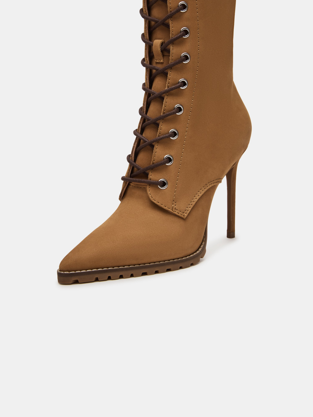 Brown Pointed-Toe Lace-Up Full-Zip Mid Calf Stiletto Boots