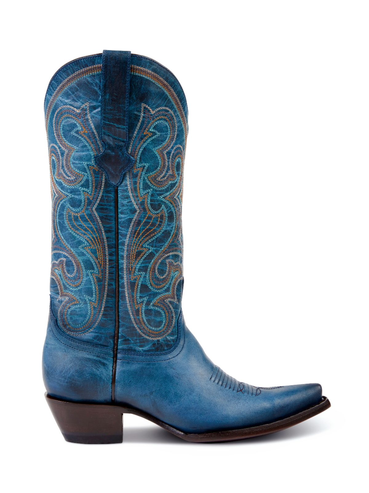 Distressed Blue Embroidery Snip-Toe Wide Mid Calf Tall Cowboy Boots For Women