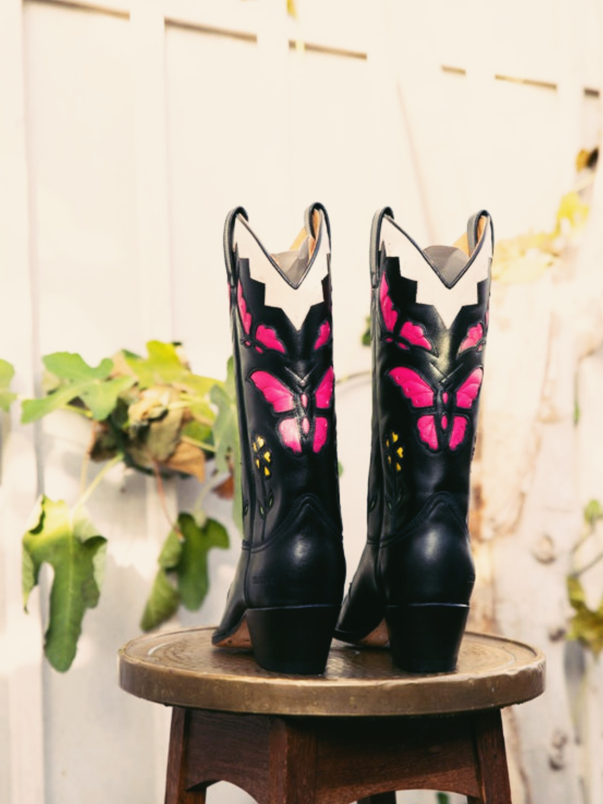 Black Pointed-Toe Wide Mid Calf Western Boots Cowgirl Boots With Pink Butterfly Inlay