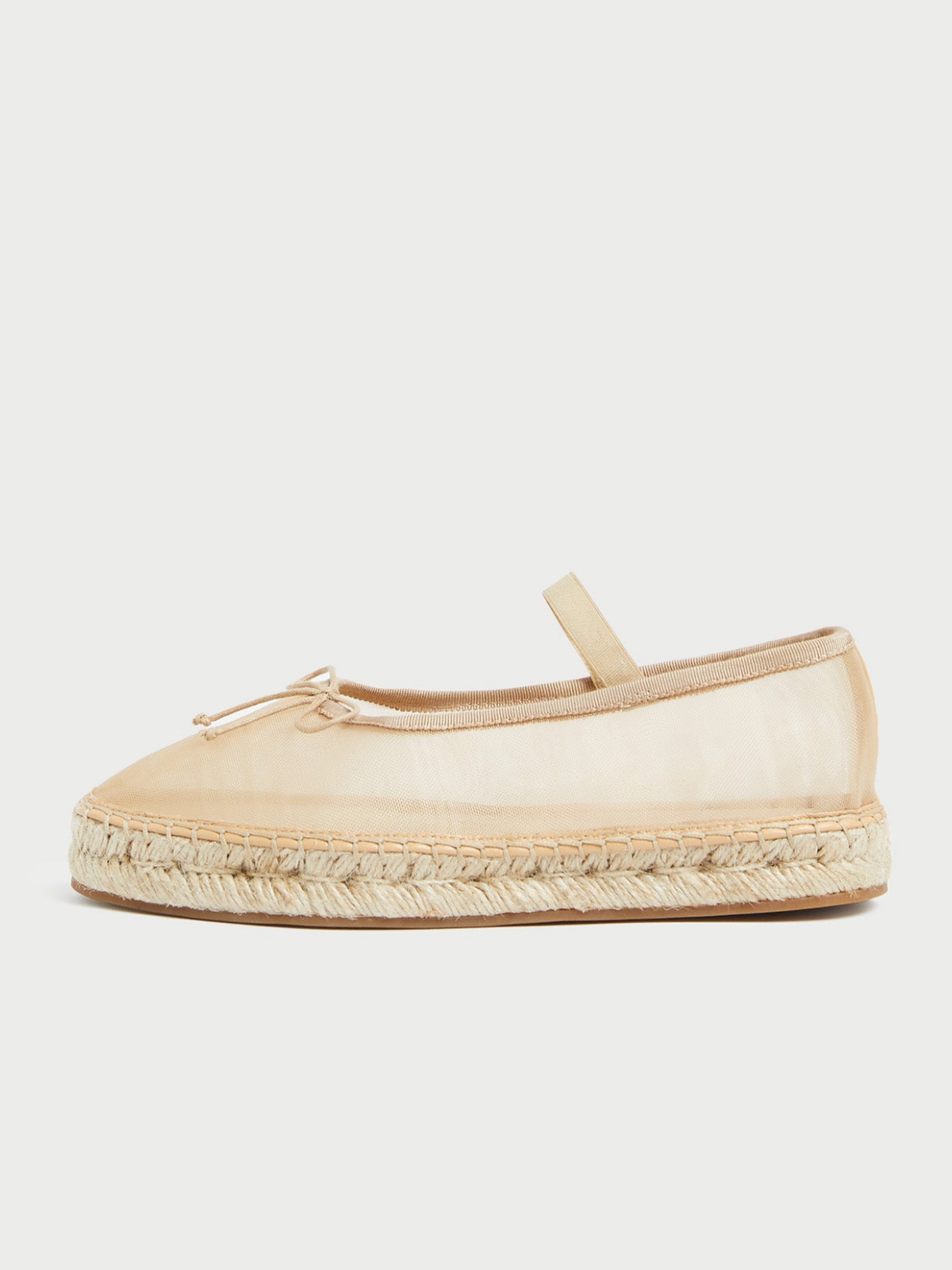 Caramel Almond-Toe Elastic Bridge Strap Mesh Bow Espadrille Ballet Flats