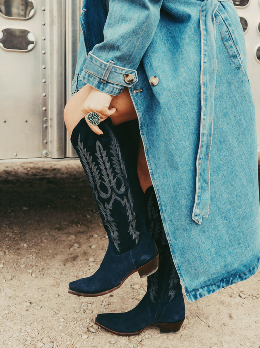 Dark Blue Faux Suede Embroidery Snip-Toe Half-Zip Western Boots Knee High Tall Boots