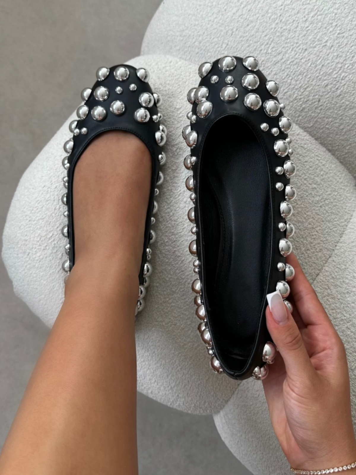 Black Studded Round-Toe Comfy Ballet Flats