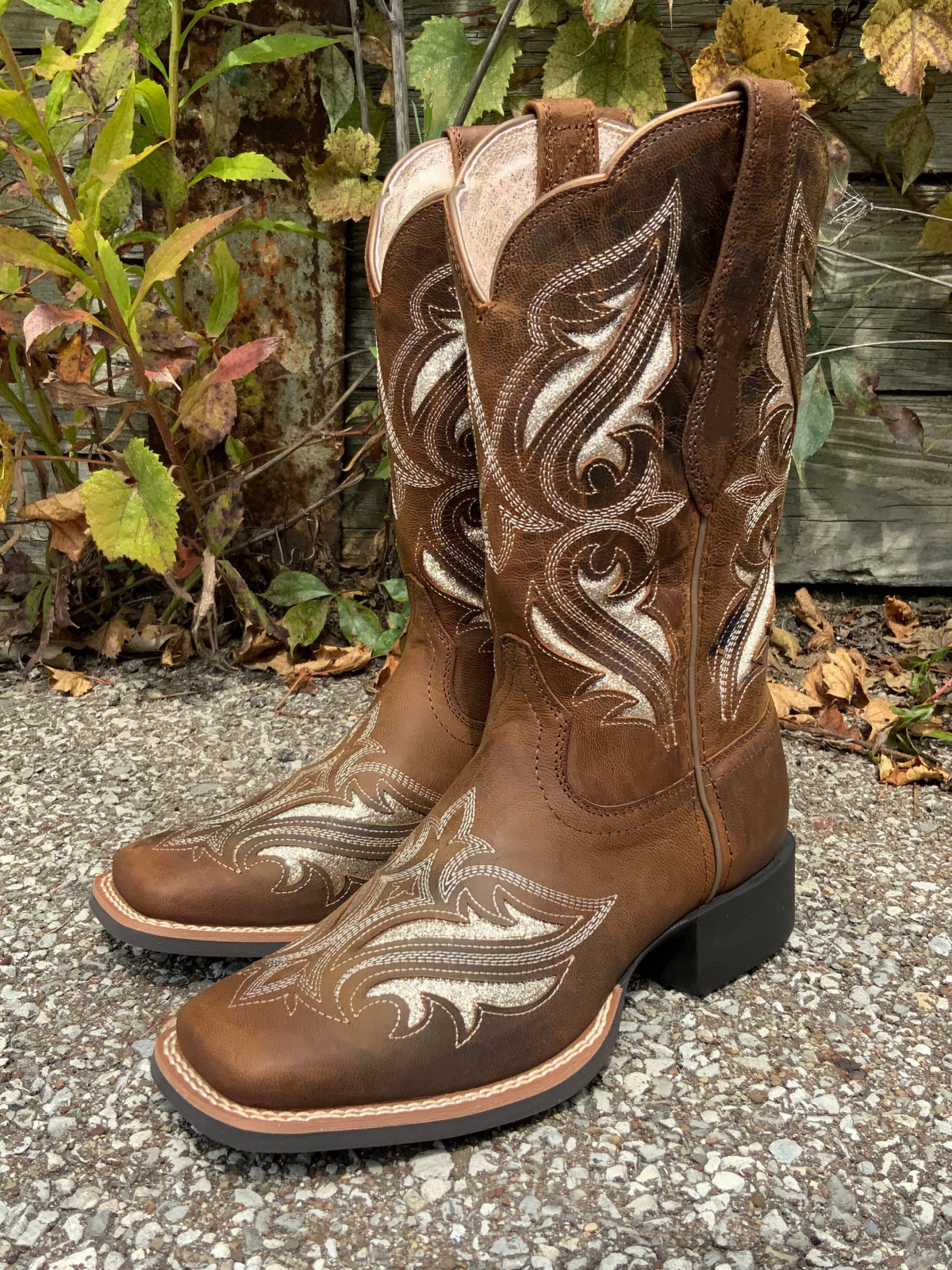 Brown Square-Toe Inlay With Glitter Embroidery Wide Mid Calf Cowgirl Boots