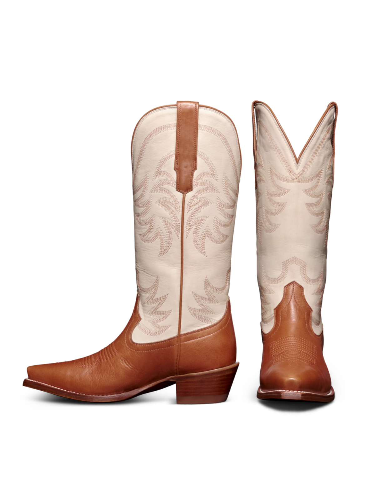 Contrast Brown And Bone Embroidery Snip-Toe Wide Mid Calf Tall Western Boots For Women