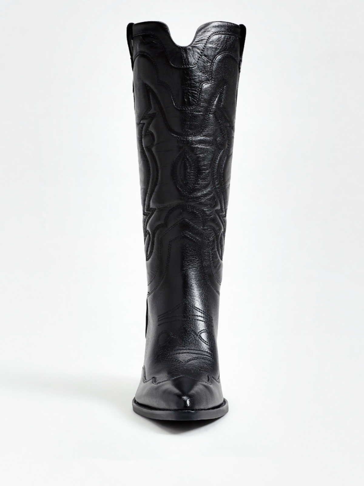 Black Pointed-Toe Classic Embroidery Wide Mid Calf Cowgirl Boots