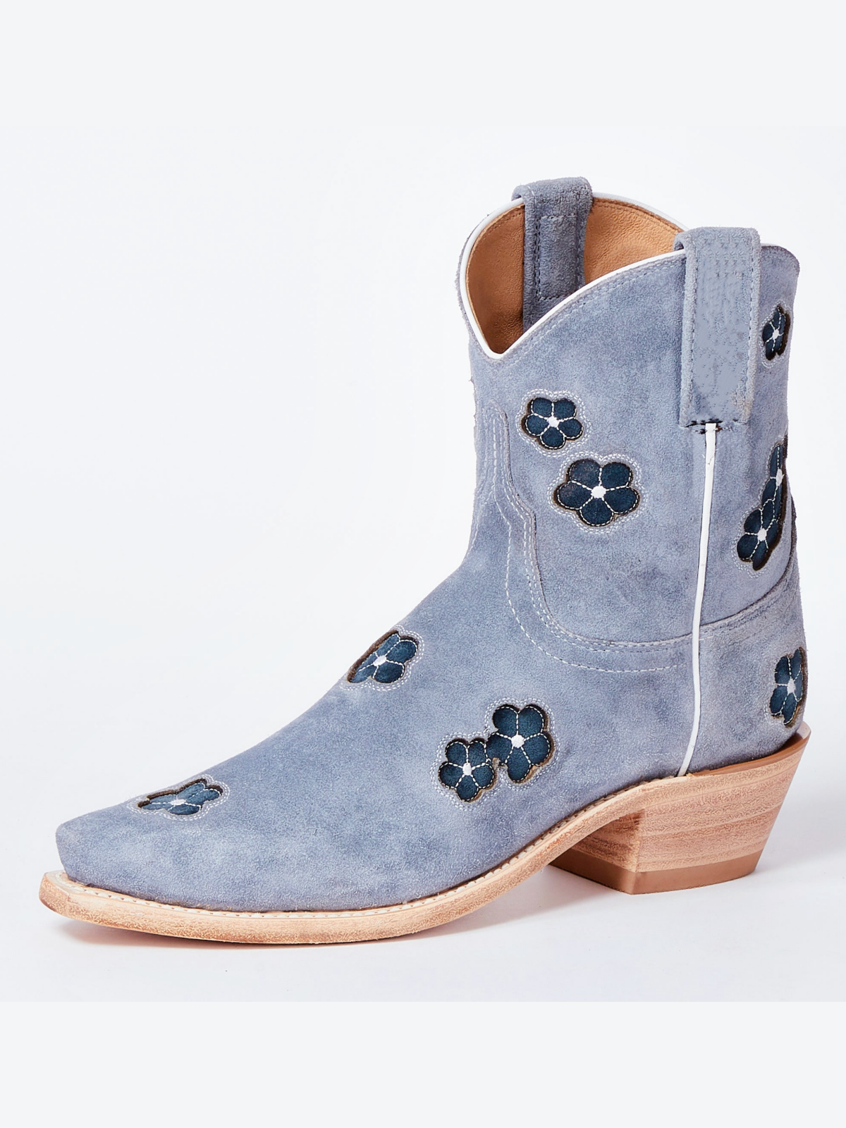 Blue Faux Suede Snip-Toe Cowgirl Ankle Booties With Black Flower Inlay