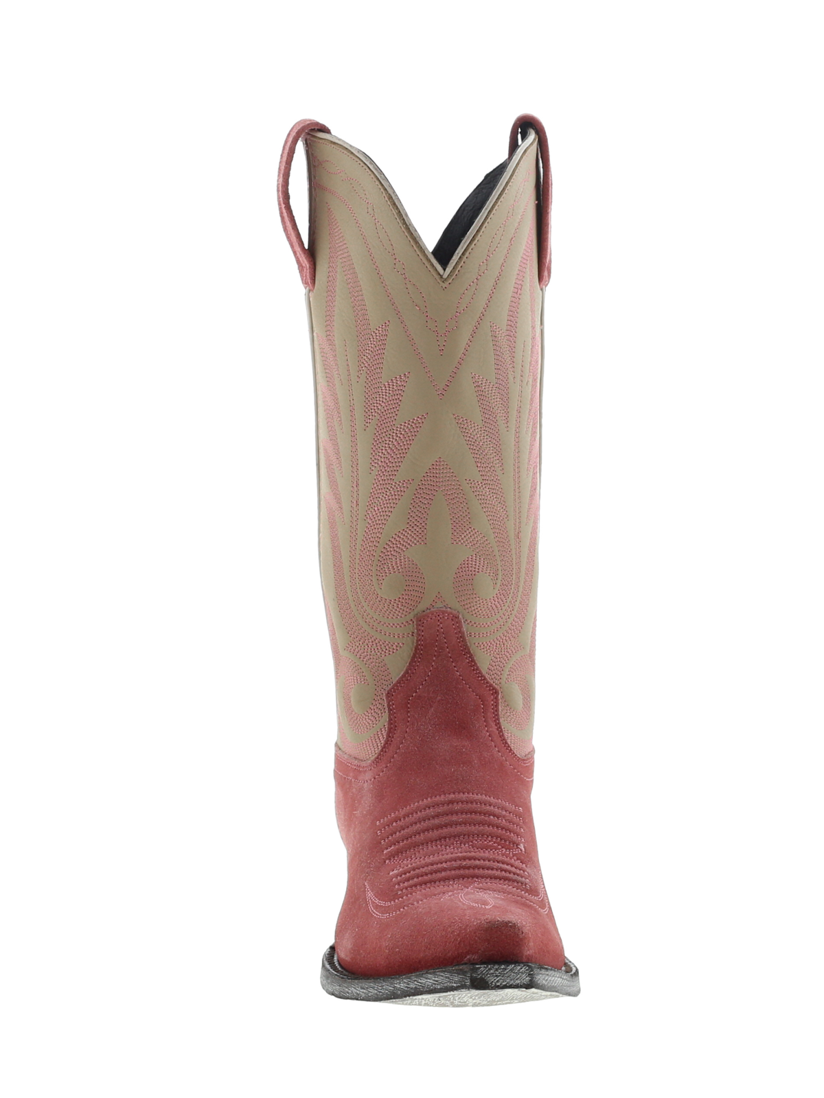 Contrast Beige And Pink Faux Suede Snip-Toe Leaf Embroidery Wide Mid Calf Tall Cowgirl Boots