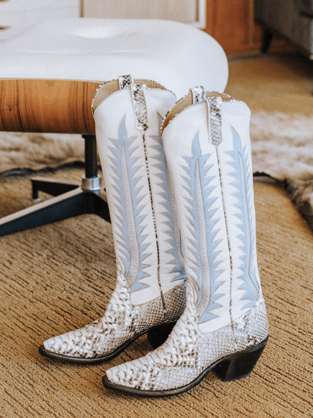 Contrast Cream And Snakeskin Vegan Leather Leaf Inlay Wide Calf Tall Knee High Cowgirl Boots