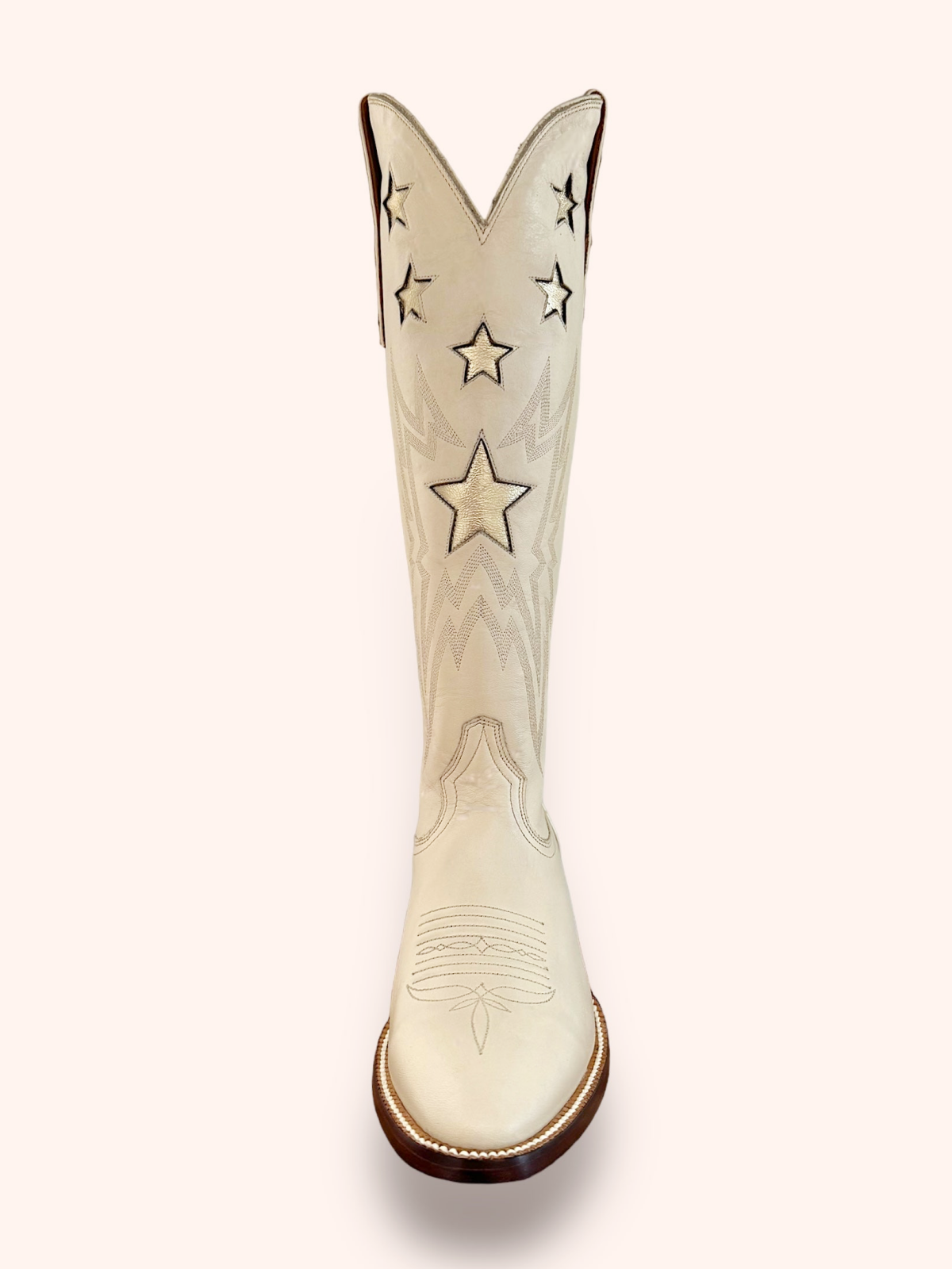 Metallic Star Inaly Embroidery Almond-Toe Wide Mid Calf Tall Cowgirl Boots - Bone