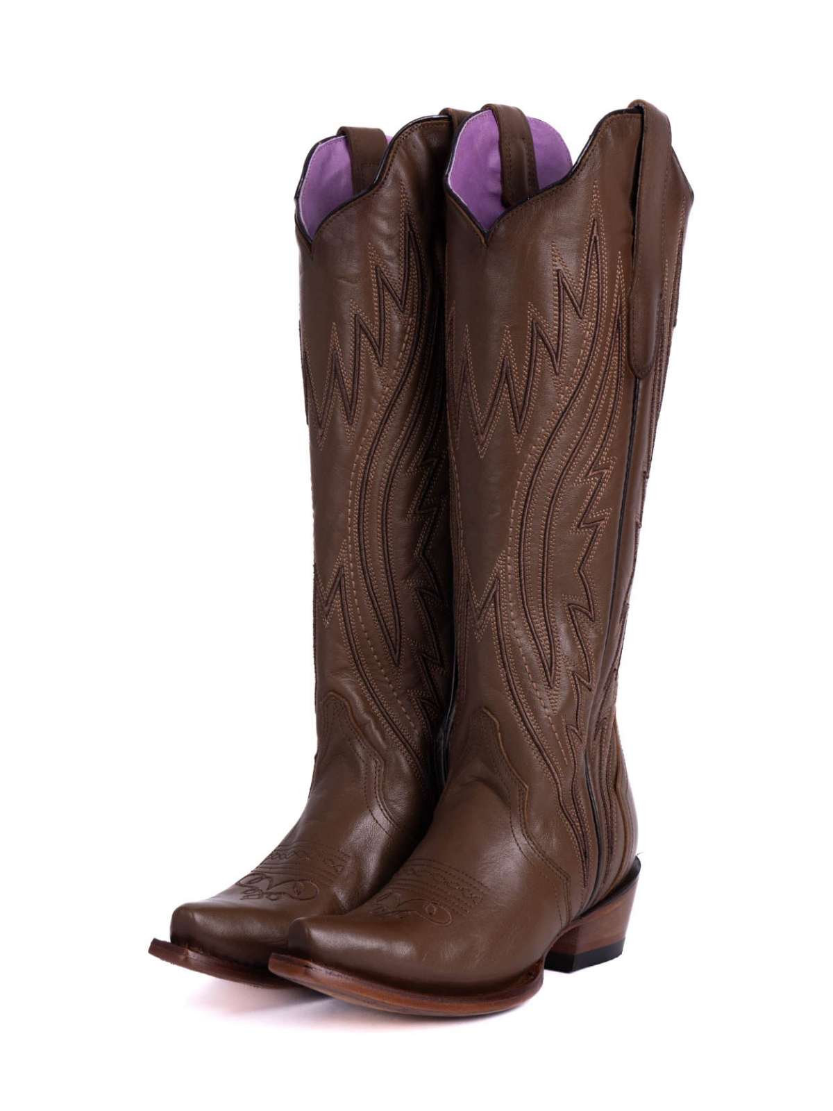 Brown Embroidery Snip-Toe Knee High Half-Zip Tall Cowgirl Boots