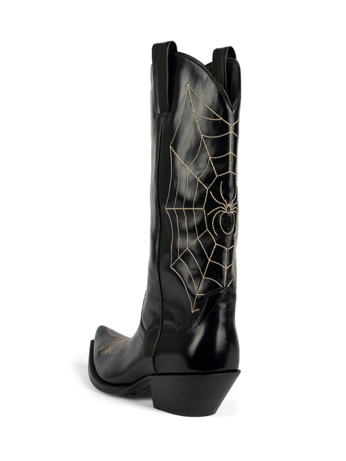 Black Snip-Toe Spider Web Embroidery Wide Mid Calf Tall Cowgirl Boots