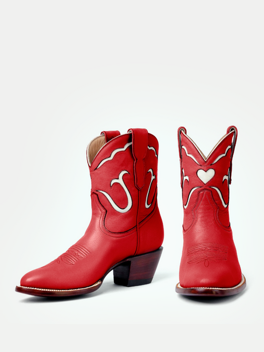 White Heart Inlay Almond-Toe Ankle Cowgirl Boots - Red