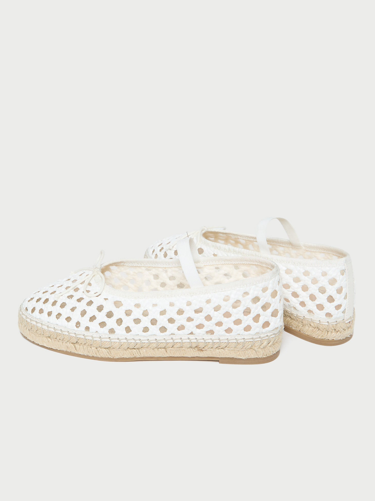 White Almond-Toe Elastic Bridge Strap Mesh Bow Espadrille Ballet Flats