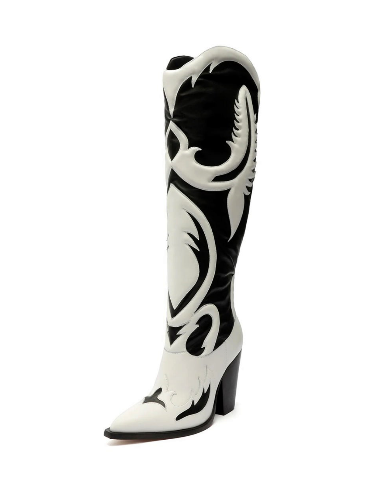 Contrast Black And White Pointed-Toe Padded Applique Half-Zip Mid Calf Cowgirl Boots