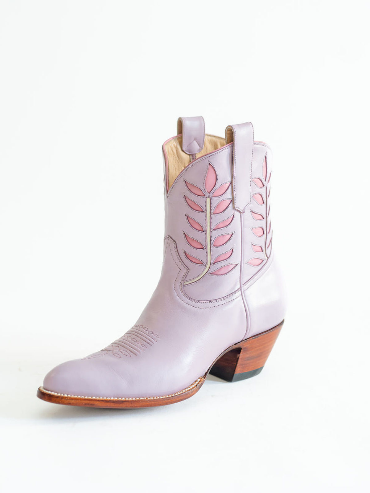 Lavender Almond-Toe Leaves Inlay Wide Mid Calf Cowgirl Boots