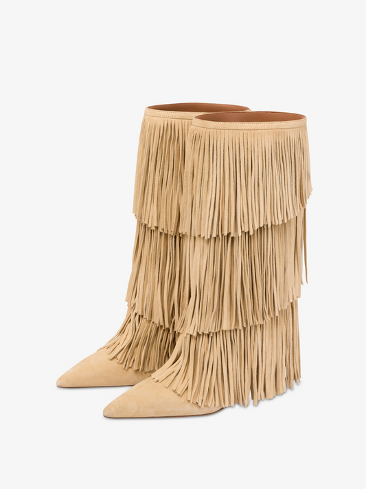 Tan Faux Suede Pointed-Toe Multi-Layered Fringe Short Mid Calf Stiletto Boots