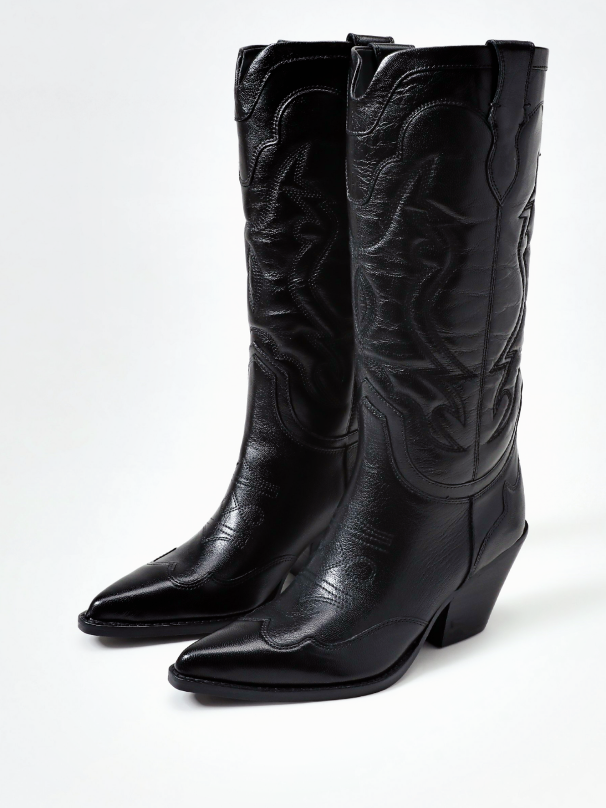 Black Pointed-Toe Classic Embroidery Wide Mid Calf Cowgirl Boots