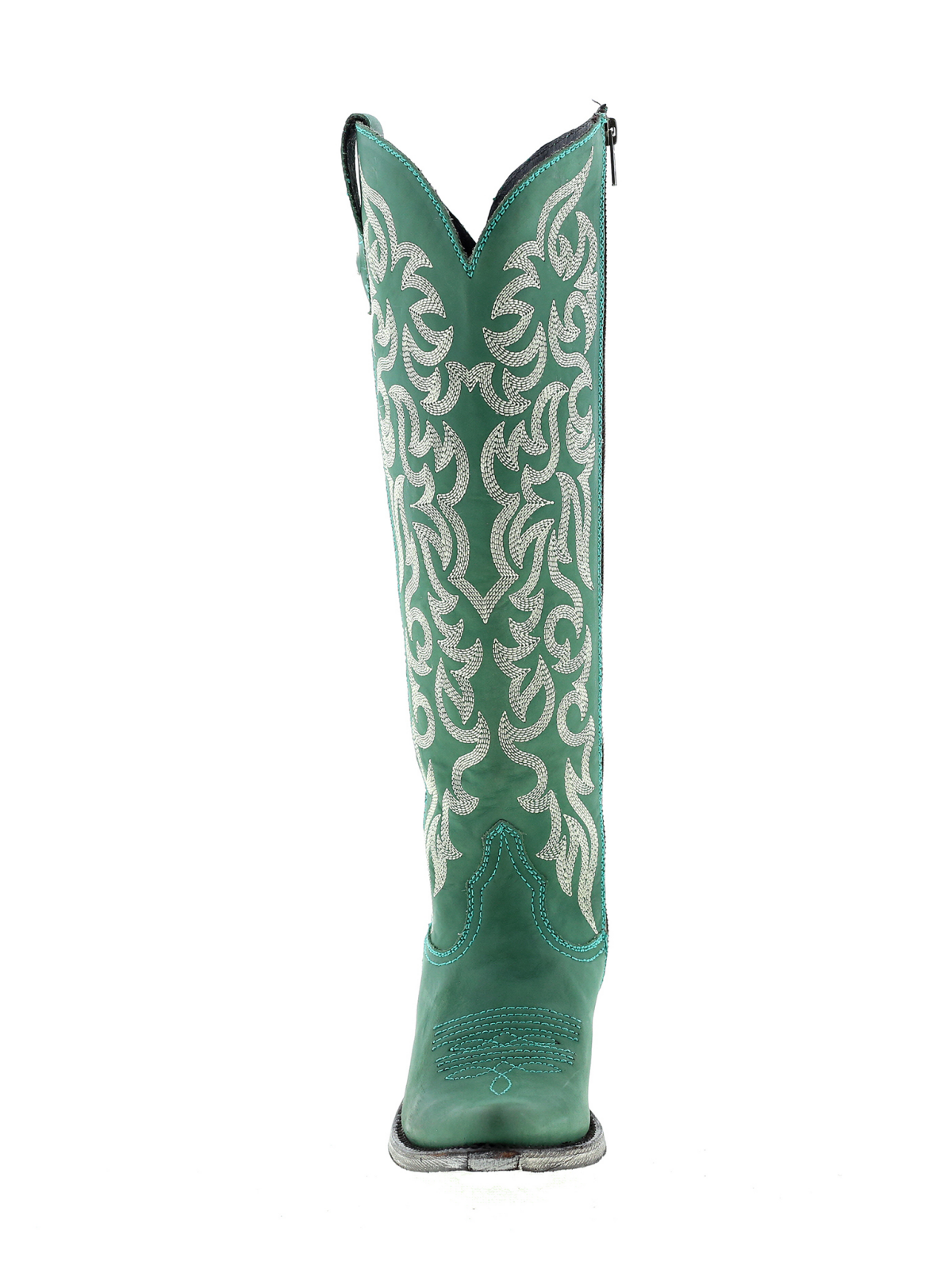 Embroidery Almond-Toe Full-Zip Knee High Tall Cowgirl Boots - Green