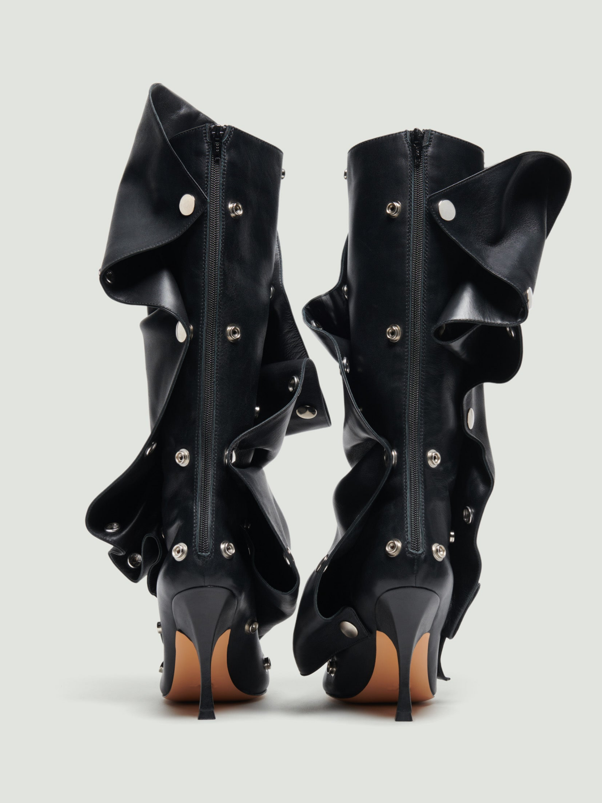 Black Pointed-Toe Detachable Snap Panel Full-Zip Mid Calf Stiletto Boots