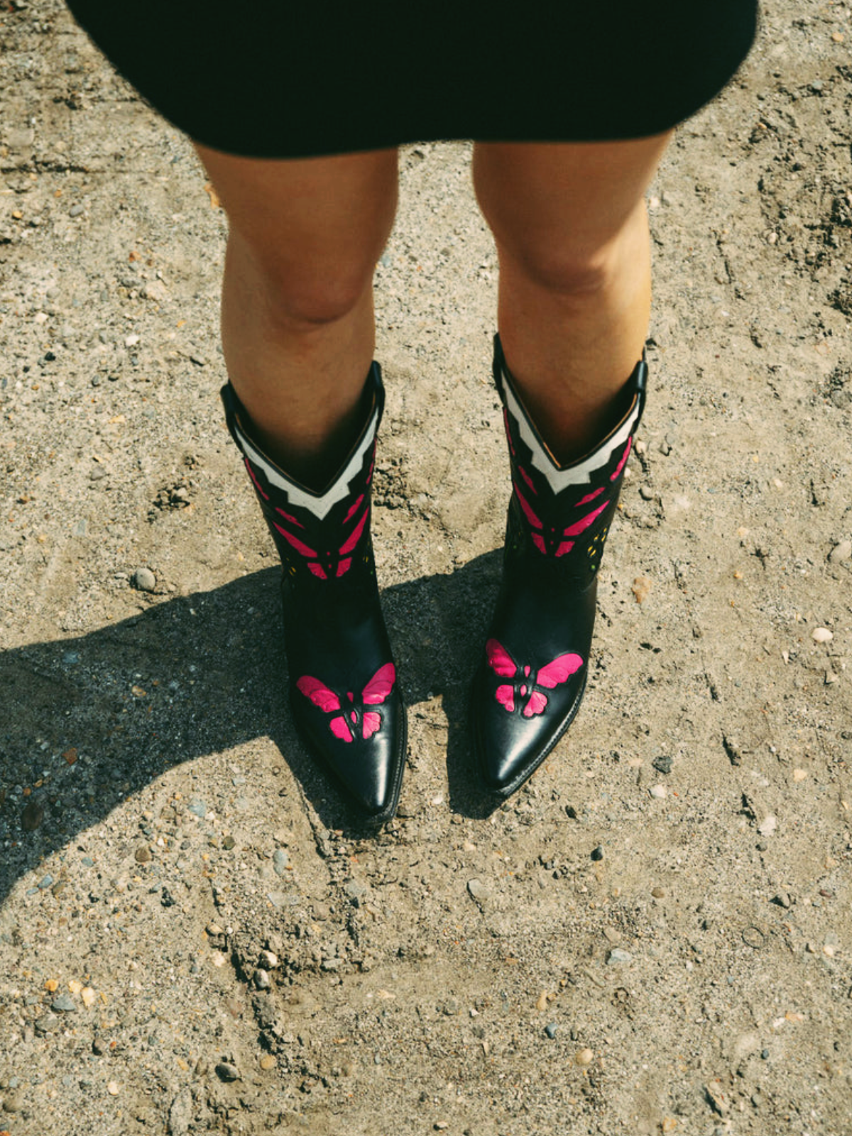 Black Pointed-Toe Wide Mid Calf Western Boots Cowgirl Boots With Pink Butterfly Inlay