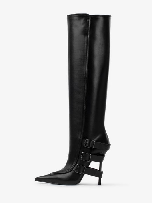 Black Pointed-Toe Wide Mid Calf Stiletto Boots With Buckles