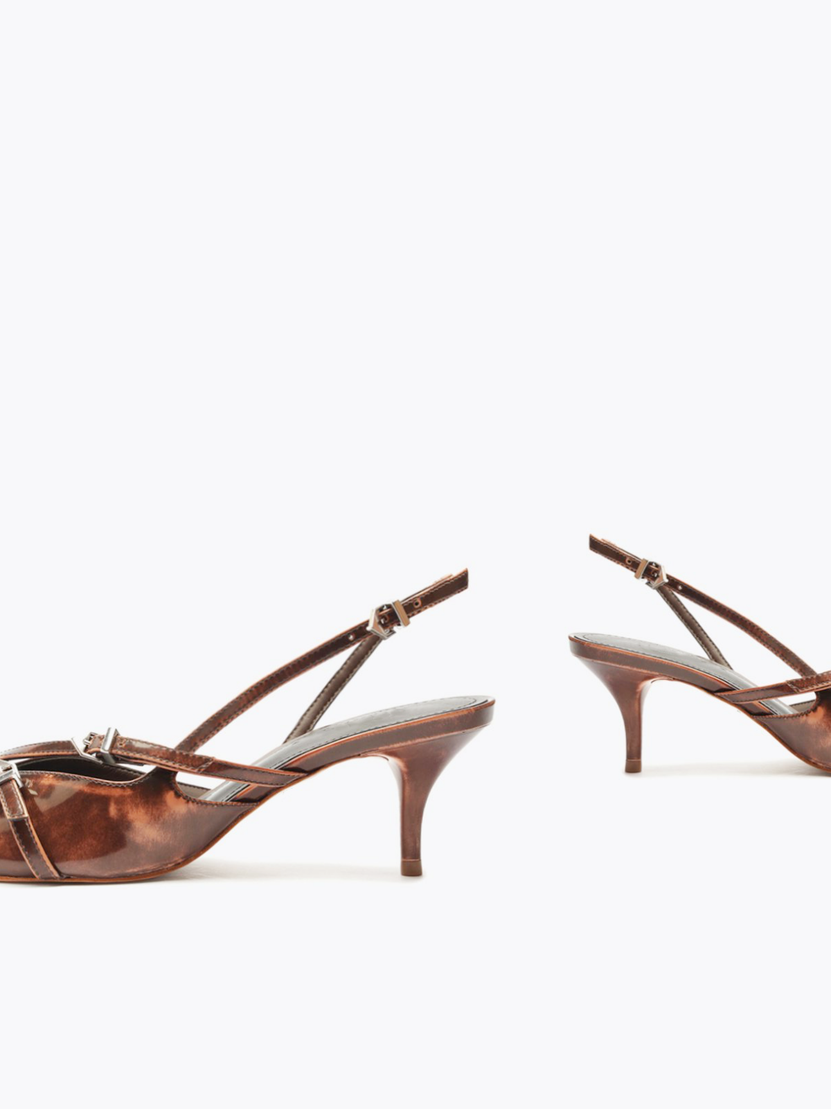 Brown Patent Buckled Strappy Kitten Heels Slingback Courts Scarpin Pumps